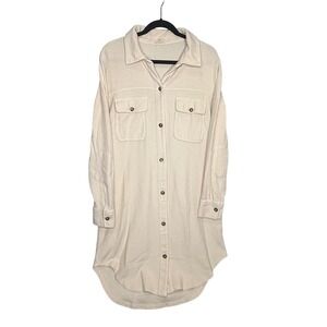 PILCRO Womens Cream Corduroy Button Down Shirt Dress Oversized Elbow Patch Small